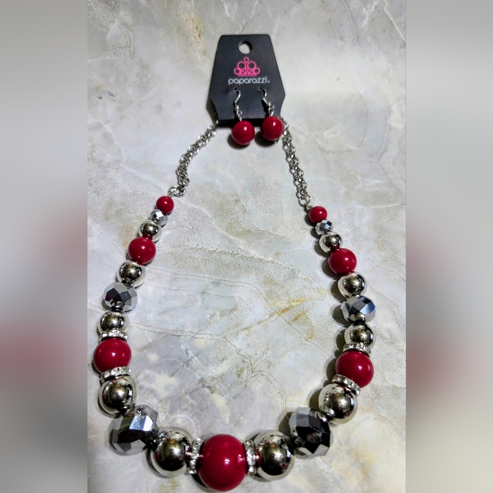 paparazzi Red and Silver Accent Beaded Necklace with Matching Earrings